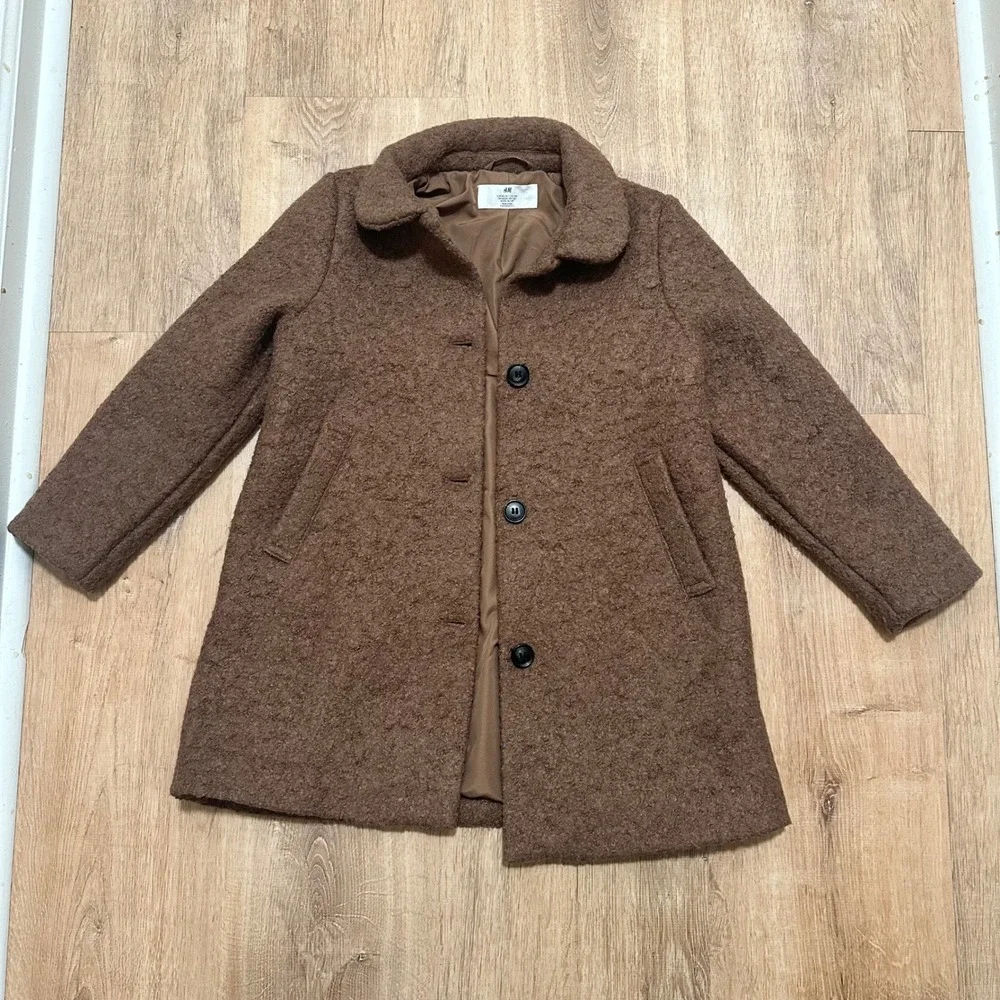 H&M Kids | Little Girl Brown Wool Blend Textured Boucle Coat Jacket, Size US 7